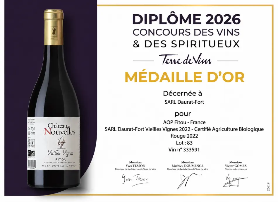 Fitou Vieilles Vignes 2022 du Château de Nouvelles, médaille d'or au concours des vins et des spiritueux — Terre de Vins 2026